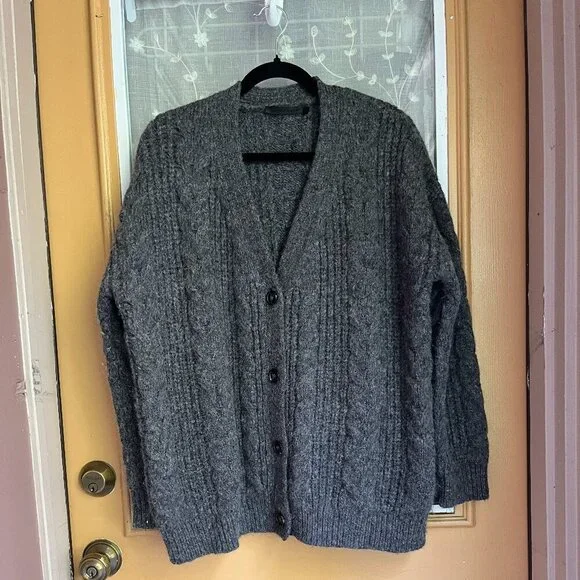 Jenni Kayne Wool & Alpaca Cable Cocoon Cardigan In Charcoal - Picture 2 of 7